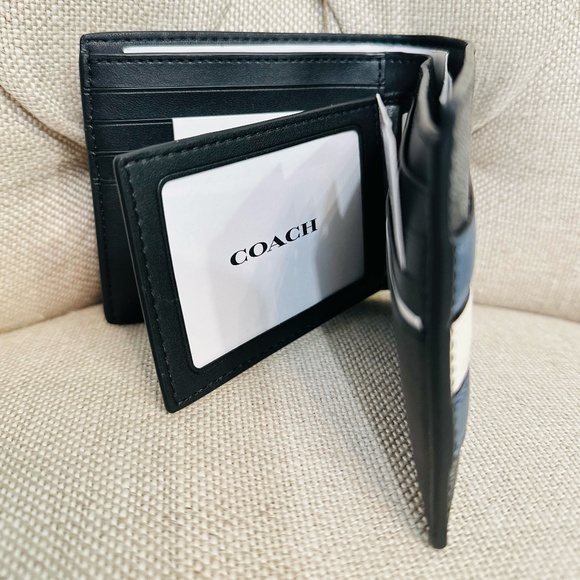 NEW Coach 3 in 1 Men Wallet Signature Canvas Varsity Stripe CW385 Denim/Charcoal - Picture 2 of 7
